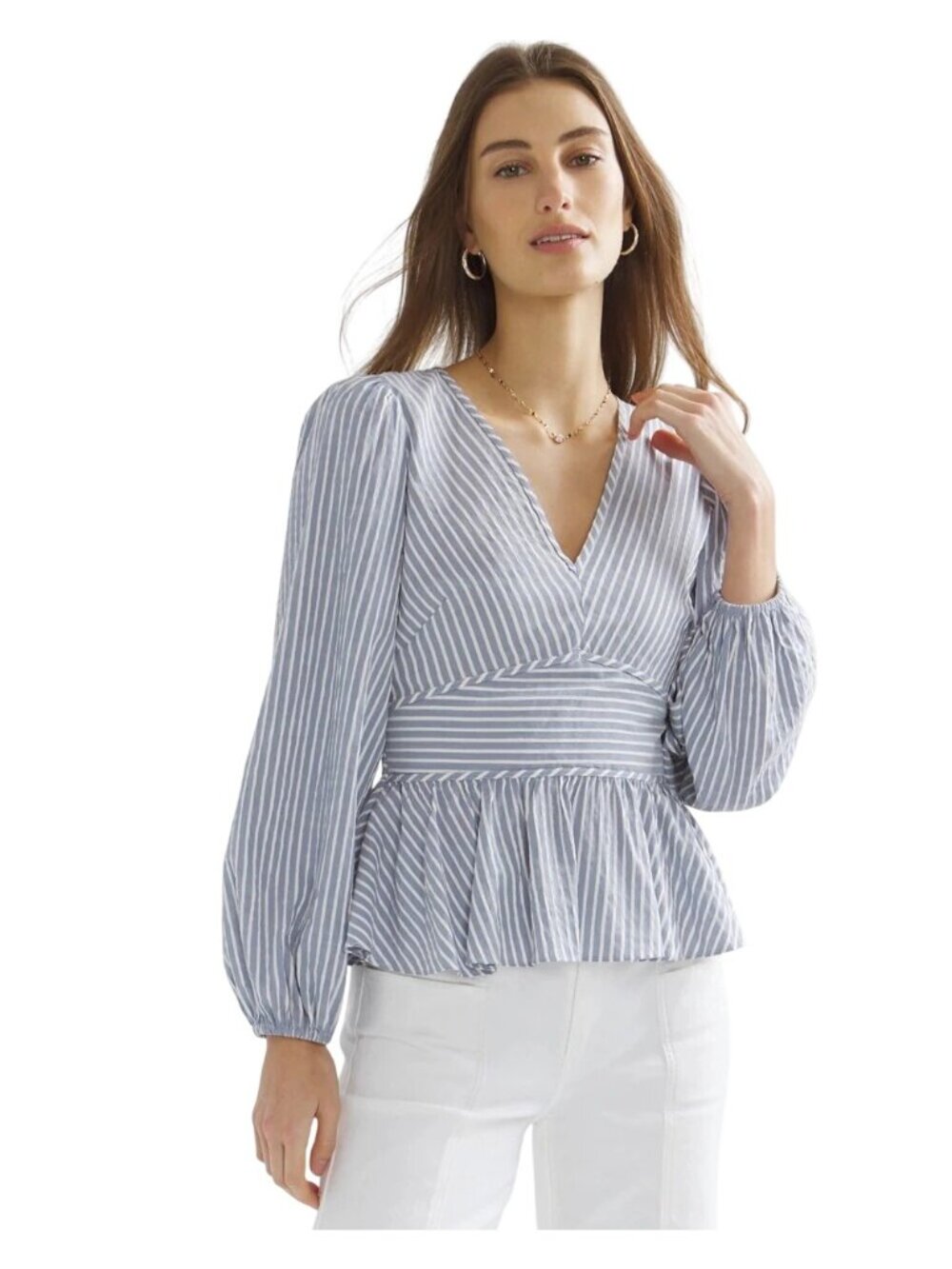 White House Black Market Striped Peplum Top Blue Size 6 Preppy Coastal Nautical